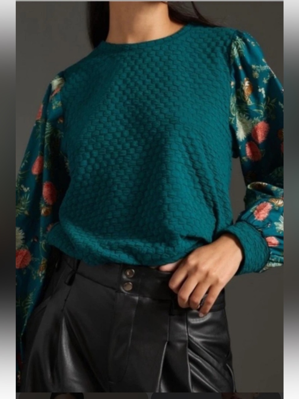 PORRIDGE ANTHROPOLOGIE GREEN TEXTURED SWEATSHIRT W/ FLORAL PRINT SLEEVES SIZE M